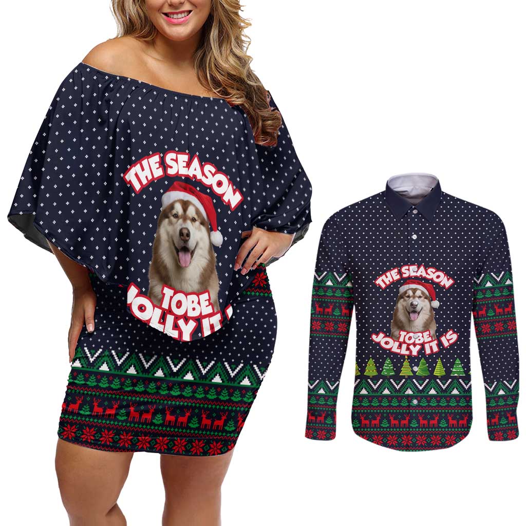 The Season To Be Jolly Siberian Husky Xmas Ball Christmas Couples Matching Off Shoulder Short Dress and Long Sleeve Button Shirt Xmas Holiday Patterns - Wonder Print Shop