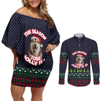 The Season To Be Jolly Siberian Husky Xmas Ball Christmas Couples Matching Off Shoulder Short Dress and Long Sleeve Button Shirt Xmas Holiday Patterns - Wonder Print Shop