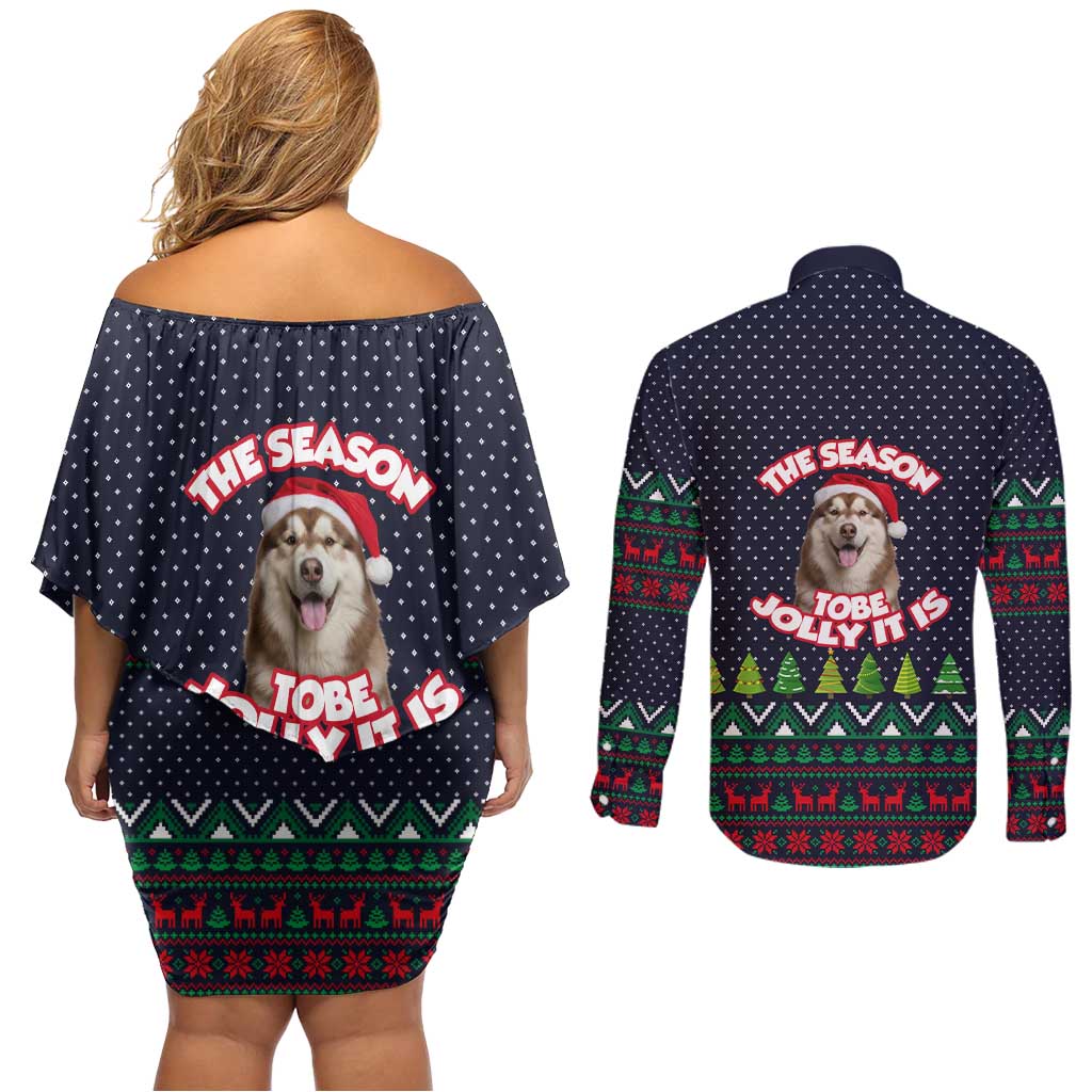 The Season To Be Jolly Siberian Husky Xmas Ball Christmas Couples Matching Off Shoulder Short Dress and Long Sleeve Button Shirt Xmas Holiday Patterns - Wonder Print Shop