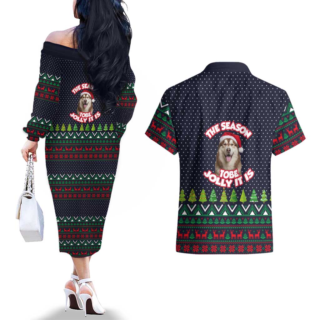 The Season To Be Jolly Siberian Husky Xmas Ball Christmas Couples Matching Off The Shoulder Long Sleeve Dress and Hawaiian Shirt Xmas Holiday Patterns - Wonder Print Shop