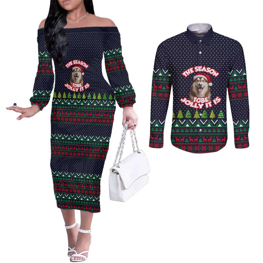 The Season To Be Jolly Siberian Husky Xmas Ball Christmas Couples Matching Off The Shoulder Long Sleeve Dress and Long Sleeve Button Shirt Xmas Holiday Patterns - Wonder Print Shop