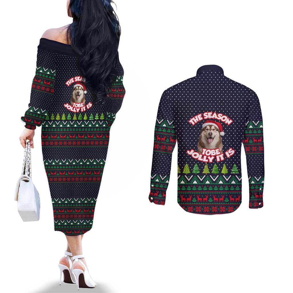 The Season To Be Jolly Siberian Husky Xmas Ball Christmas Couples Matching Off The Shoulder Long Sleeve Dress and Long Sleeve Button Shirt Xmas Holiday Patterns - Wonder Print Shop