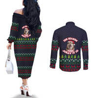 The Season To Be Jolly Siberian Husky Xmas Ball Christmas Couples Matching Off The Shoulder Long Sleeve Dress and Long Sleeve Button Shirt Xmas Holiday Patterns - Wonder Print Shop