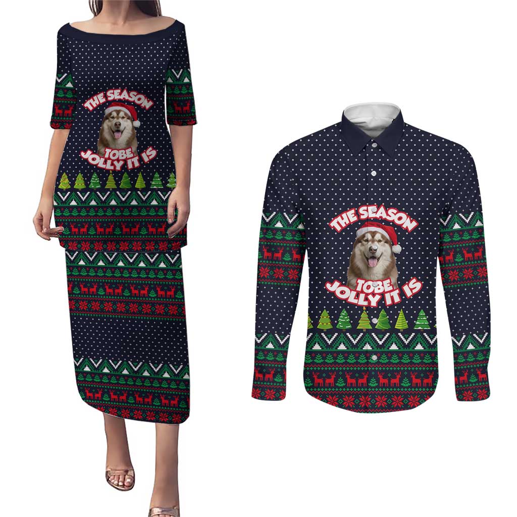 The Season To Be Jolly Siberian Husky Xmas Ball Christmas Couples Matching Puletasi and Long Sleeve Button Shirt Xmas Holiday Patterns - Wonder Print Shop
