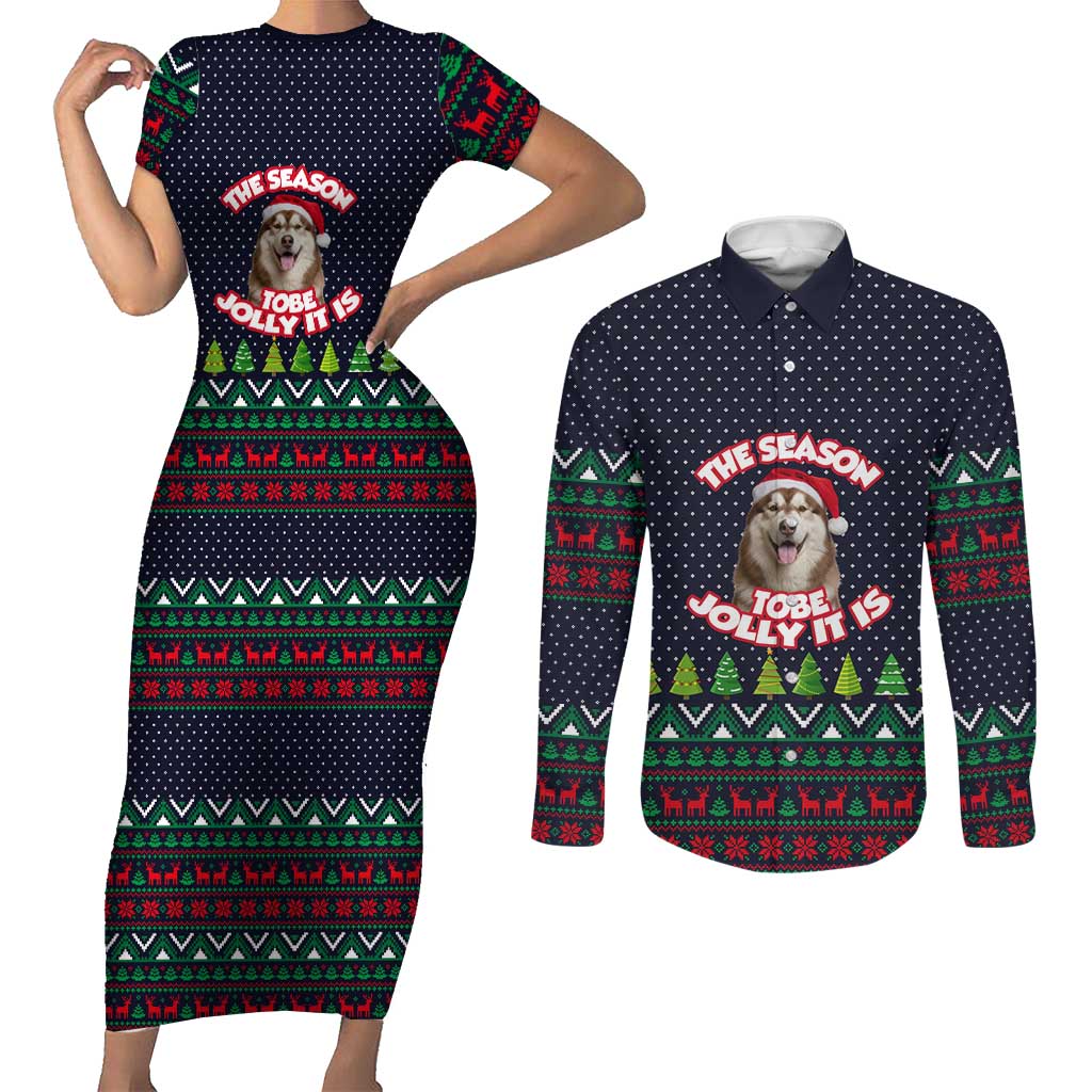 The Season To Be Jolly Siberian Husky Xmas Ball Christmas Couples Matching Short Sleeve Bodycon Dress and Long Sleeve Button Shirt Xmas Holiday Patterns - Wonder Print Shop