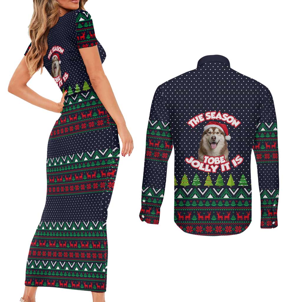 The Season To Be Jolly Siberian Husky Xmas Ball Christmas Couples Matching Short Sleeve Bodycon Dress and Long Sleeve Button Shirt Xmas Holiday Patterns - Wonder Print Shop