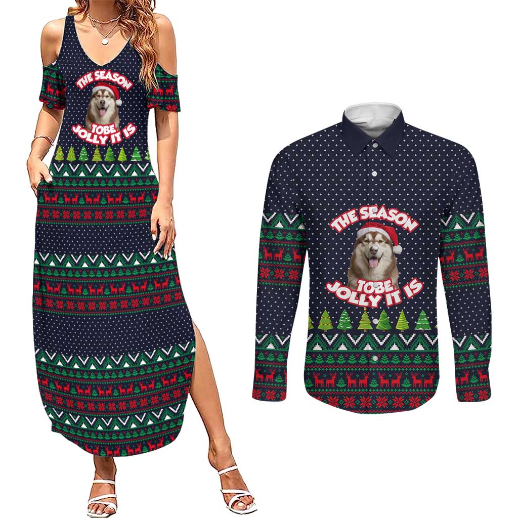 The Season To Be Jolly Siberian Husky Xmas Ball Christmas Couples Matching Summer Maxi Dress and Long Sleeve Button Shirt Xmas Holiday Patterns - Wonder Print Shop