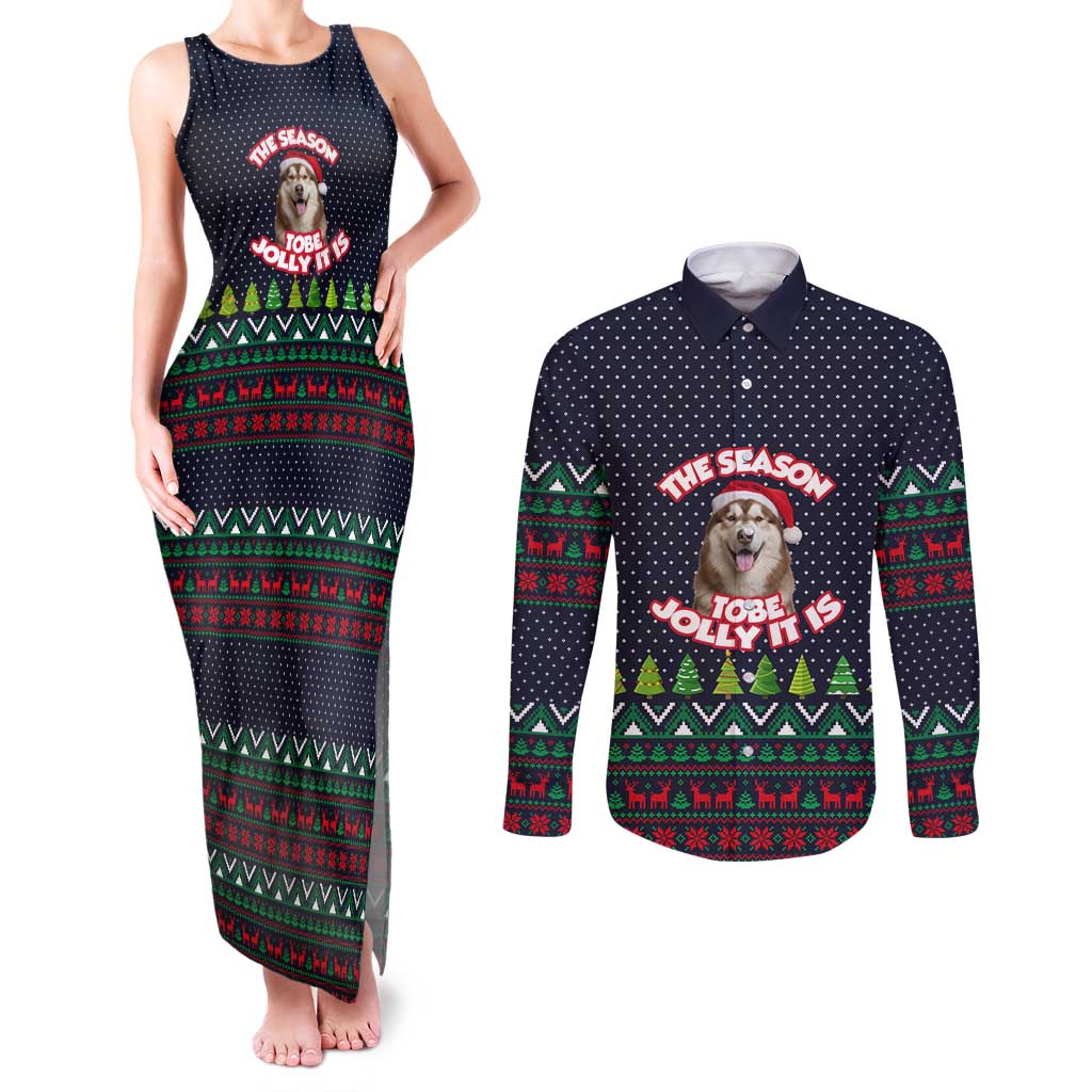 The Season To Be Jolly Siberian Husky Xmas Ball Christmas Couples Matching Tank Maxi Dress and Long Sleeve Button Shirt Xmas Holiday Patterns - Wonder Print Shop