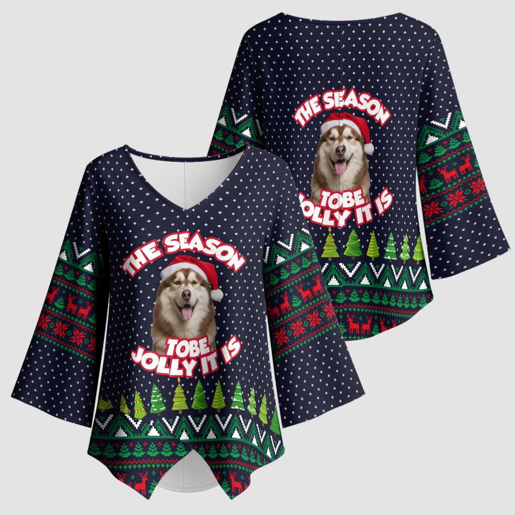 The Season To Be Jolly Siberian Husky Xmas Ball Christmas Kimono Sleeve Blouse Xmas Holiday Patterns - Wonder Print Shop