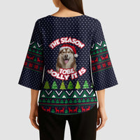 The Season To Be Jolly Siberian Husky Xmas Ball Christmas Kimono Sleeve Blouse Xmas Holiday Patterns - Wonder Print Shop