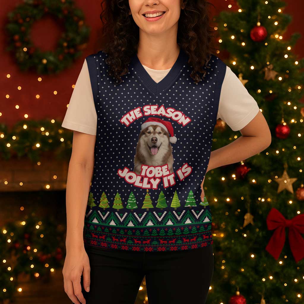 The Season To Be Jolly Siberian Husky Xmas Ball Christmas Knitted V-Neck Vest Xmas Holiday Patterns - Wonder Print Shop