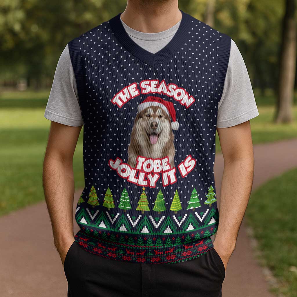 The Season To Be Jolly Siberian Husky Xmas Ball Christmas Knitted V-Neck Vest Xmas Holiday Patterns - Wonder Print Shop