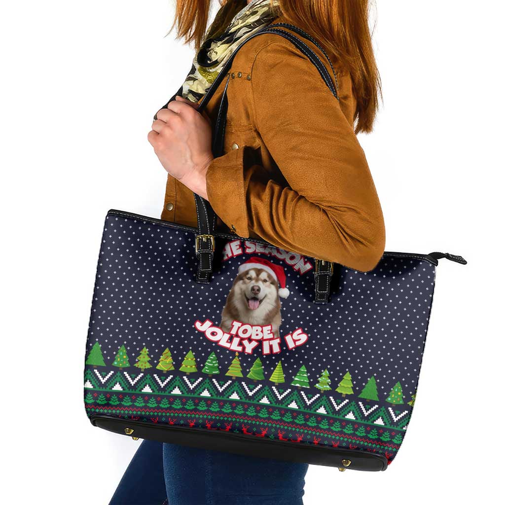 The Season To Be Jolly Siberian Husky Xmas Ball Christmas Leather Tote Bag Xmas Holiday Patterns - Wonder Print Shop