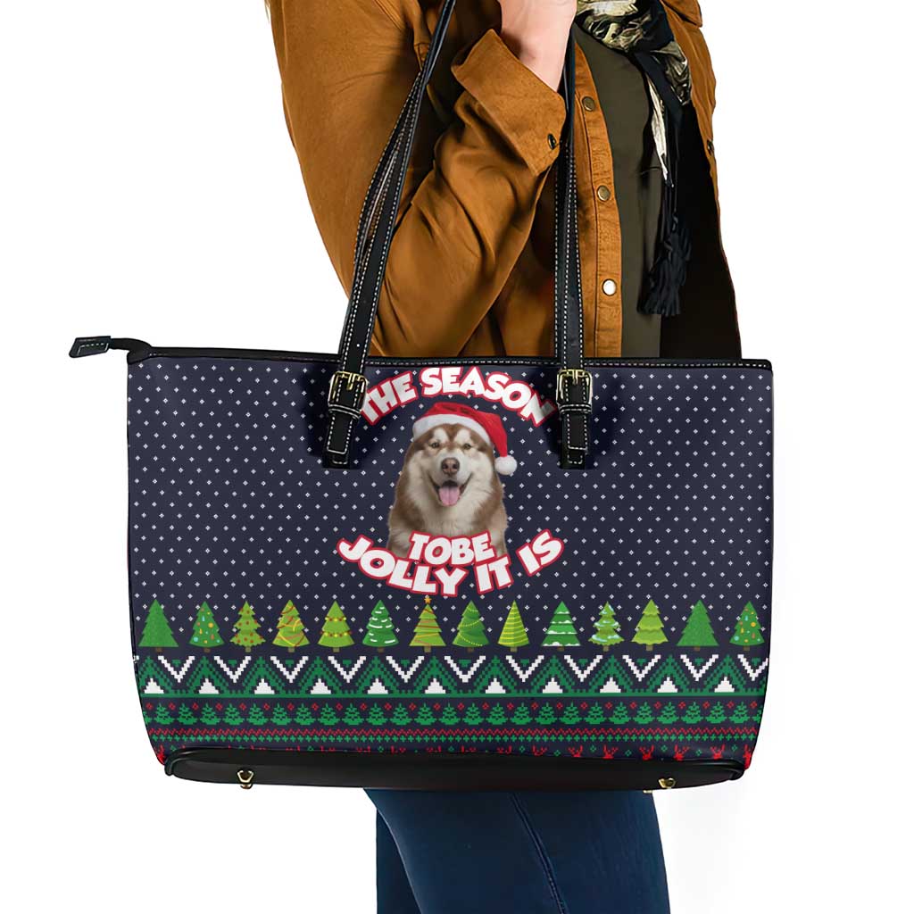 The Season To Be Jolly Siberian Husky Xmas Ball Christmas Leather Tote Bag Xmas Holiday Patterns - Wonder Print Shop