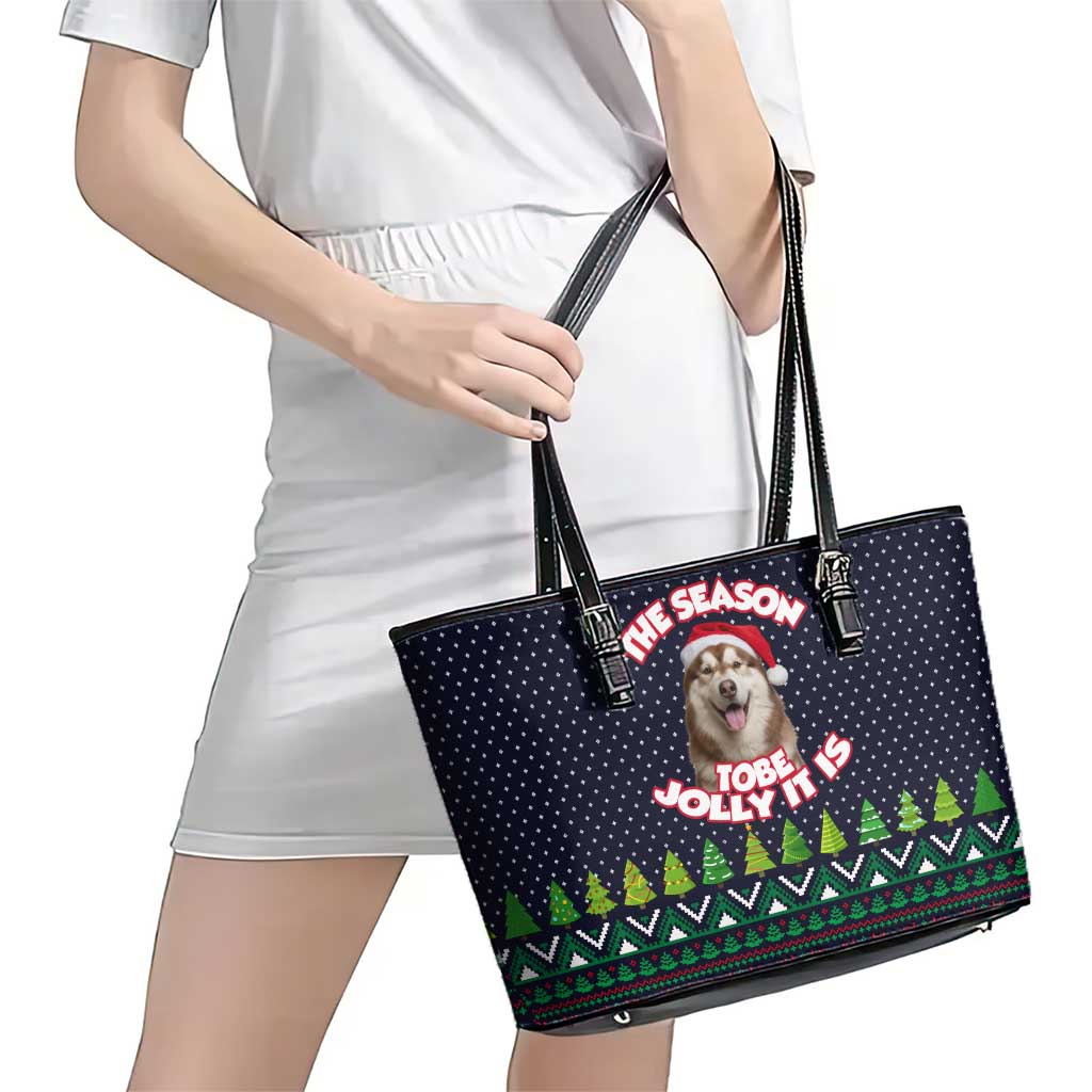 The Season To Be Jolly Siberian Husky Xmas Ball Christmas Leather Tote Bag Xmas Holiday Patterns - Wonder Print Shop