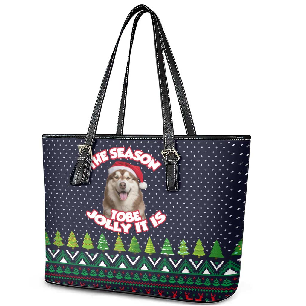 The Season To Be Jolly Siberian Husky Xmas Ball Christmas Leather Tote Bag Xmas Holiday Patterns - Wonder Print Shop