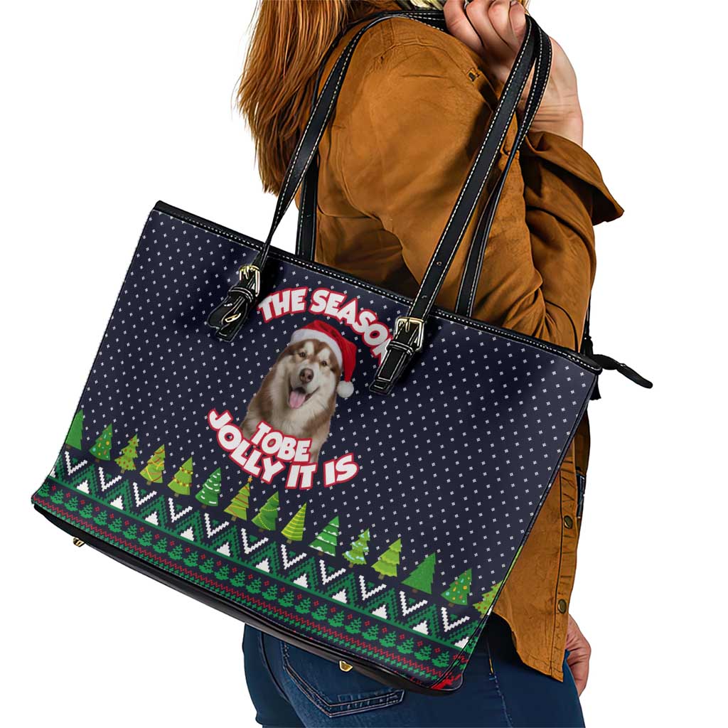 The Season To Be Jolly Siberian Husky Xmas Ball Christmas Leather Tote Bag Xmas Holiday Patterns - Wonder Print Shop