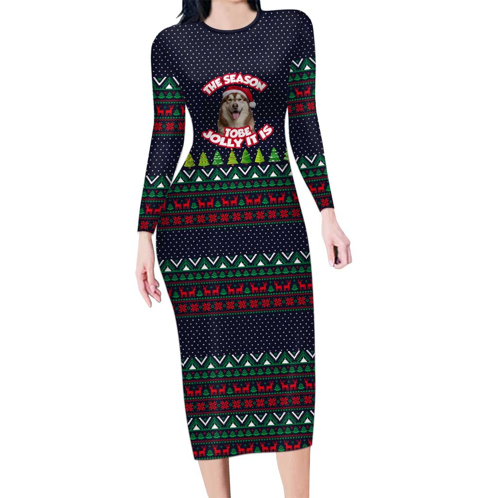 The Season To Be Jolly Siberian Husky Xmas Ball Christmas Long Sleeve Bodycon Dress Xmas Holiday Patterns - Wonder Print Shop