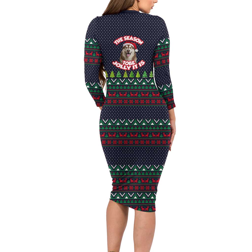The Season To Be Jolly Siberian Husky Xmas Ball Christmas Long Sleeve Bodycon Dress Xmas Holiday Patterns - Wonder Print Shop