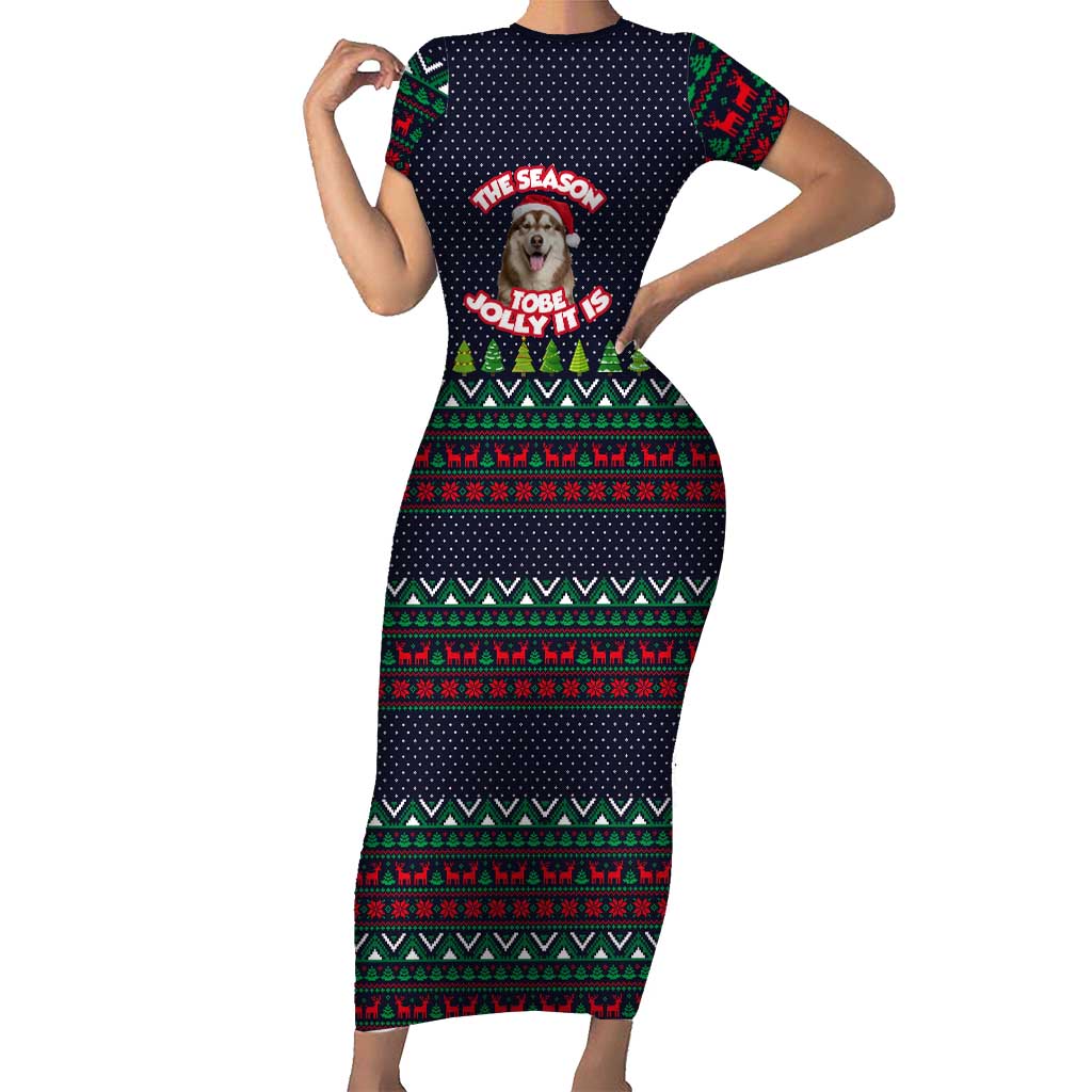 The Season To Be Jolly Siberian Husky Xmas Ball Christmas Short Sleeve Bodycon Dress Xmas Holiday Patterns - Wonder Print Shop
