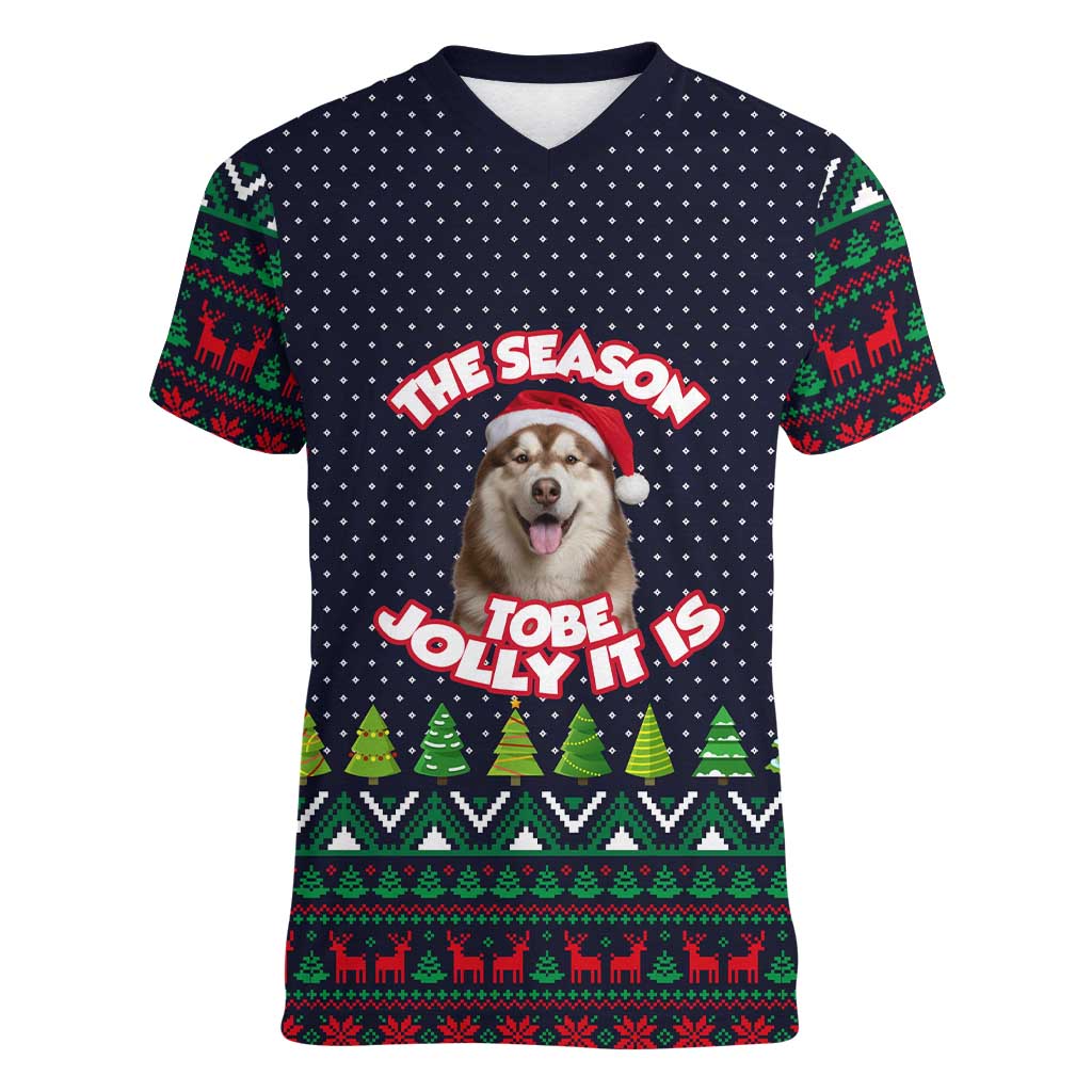 The Season To Be Jolly Siberian Husky Xmas Ball Christmas Women V-Neck T-Shirt Xmas Holiday Patterns - Wonder Print Shop