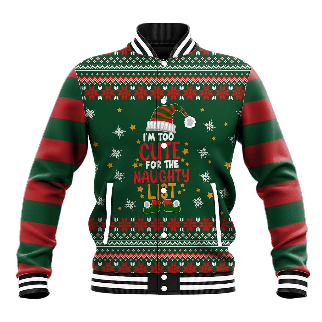 Too Cute For The Naughty List Christmas Baseball Jacket Xmas Holiday Patterns - Wonder Print Shop