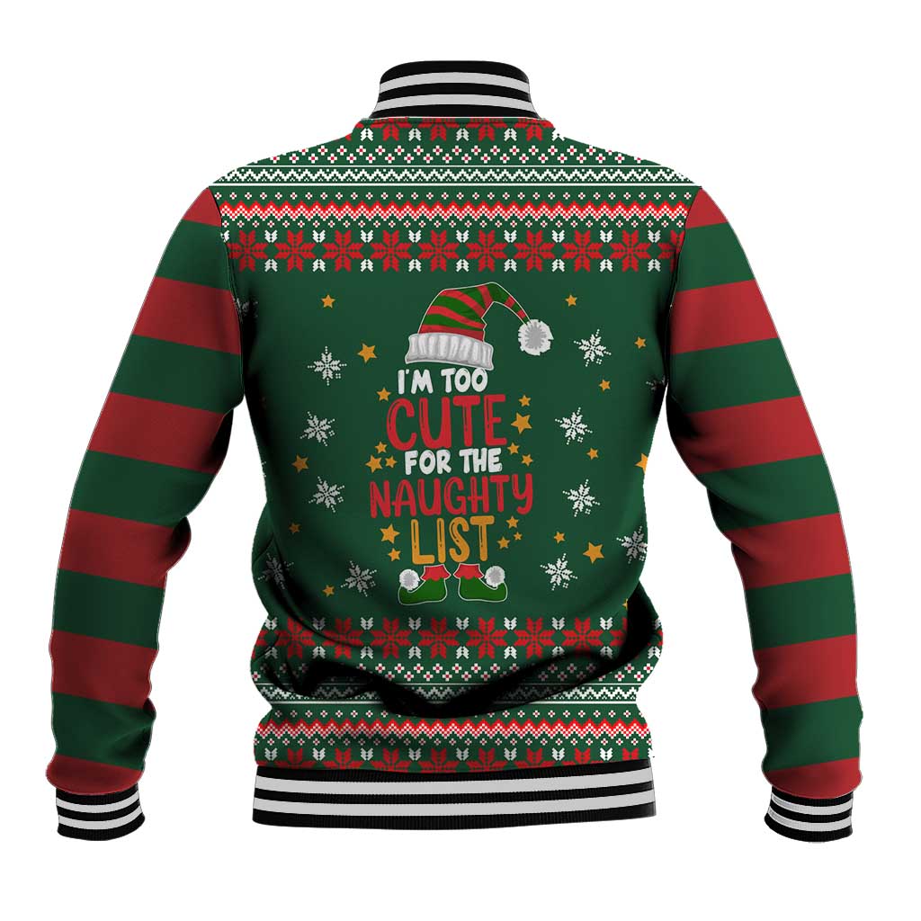 Too Cute For The Naughty List Christmas Baseball Jacket Xmas Holiday Patterns - Wonder Print Shop
