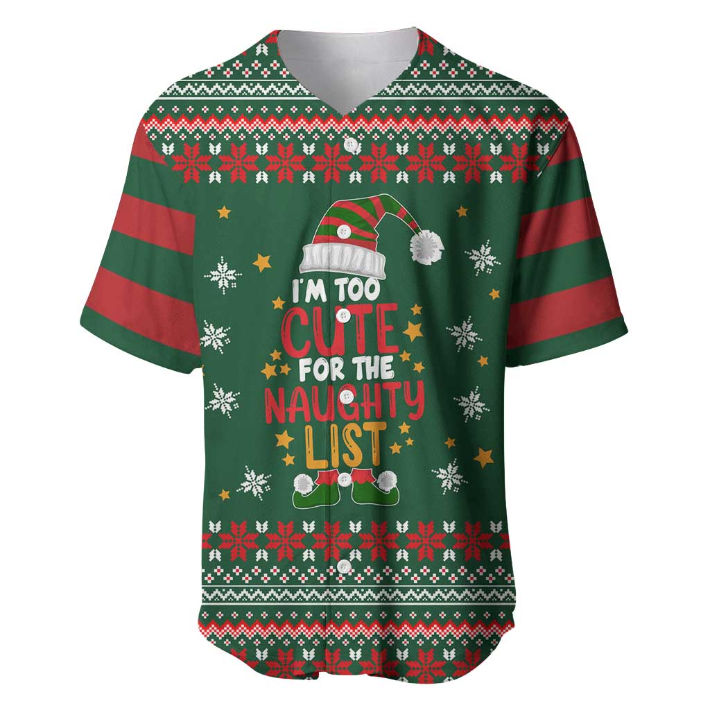 Too Cute For The Naughty List Christmas Baseball Jersey Xmas Holiday Patterns - Wonder Print Shop