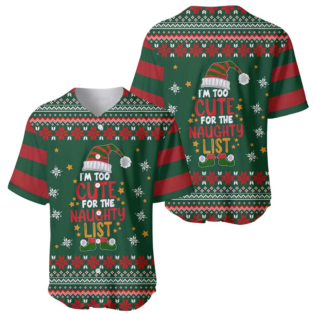 Too Cute For The Naughty List Christmas Baseball Jersey Xmas Holiday Patterns - Wonder Print Shop