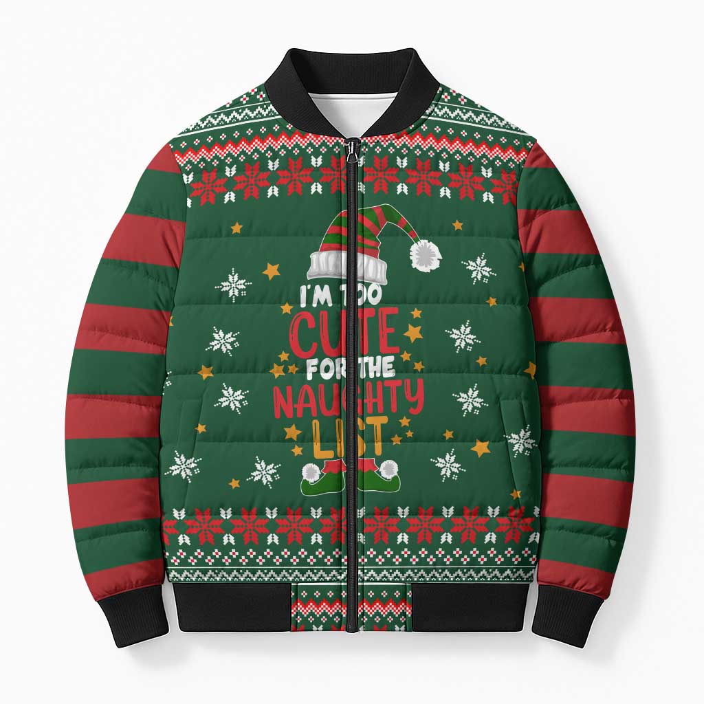 Too Cute For The Naughty List Christmas Bomber Puffer Jacket Xmas Holiday Patterns - Wonder Print Shop