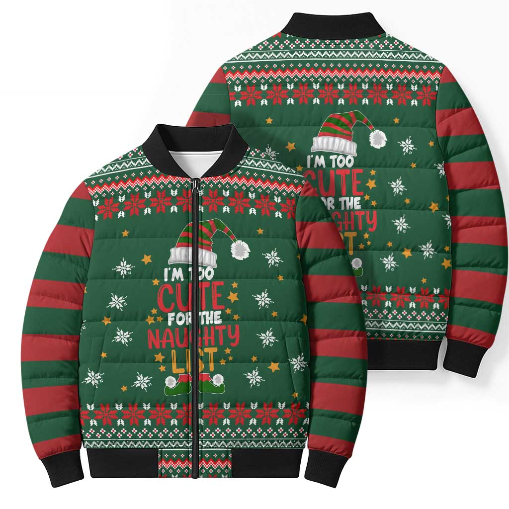 Too Cute For The Naughty List Christmas Bomber Puffer Jacket Xmas Holiday Patterns - Wonder Print Shop