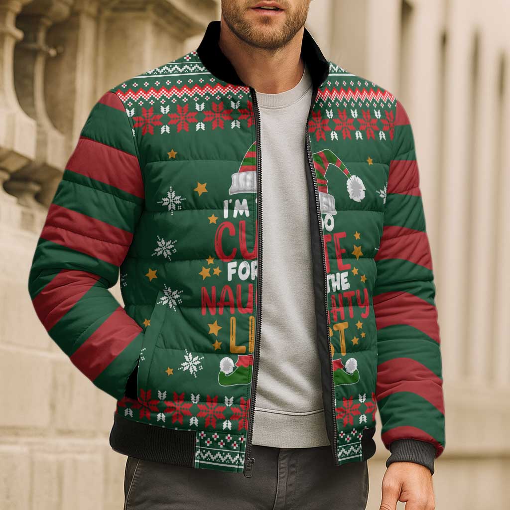 Too Cute For The Naughty List Christmas Bomber Puffer Jacket Xmas Holiday Patterns - Wonder Print Shop