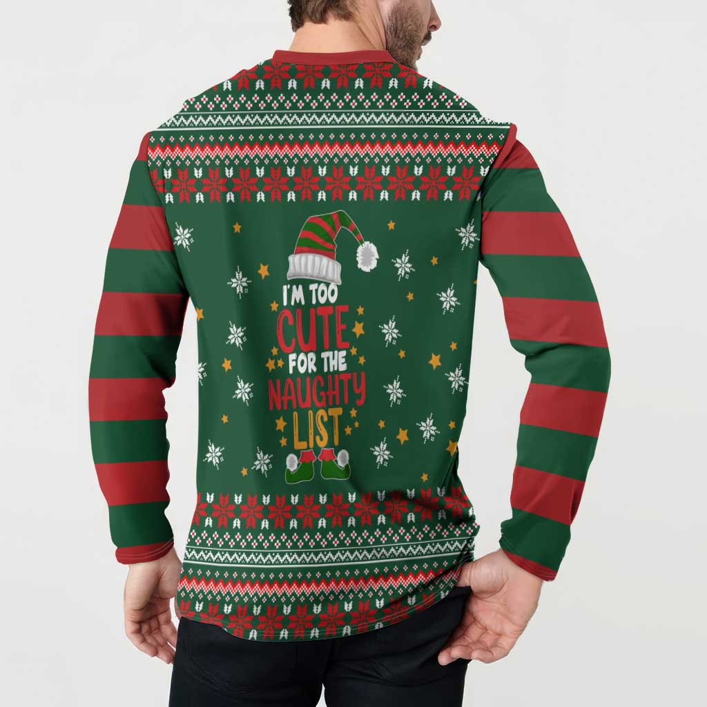 Too Cute For The Naughty List Christmas Button Sweatshirt Xmas Holiday Patterns - Wonder Print Shop