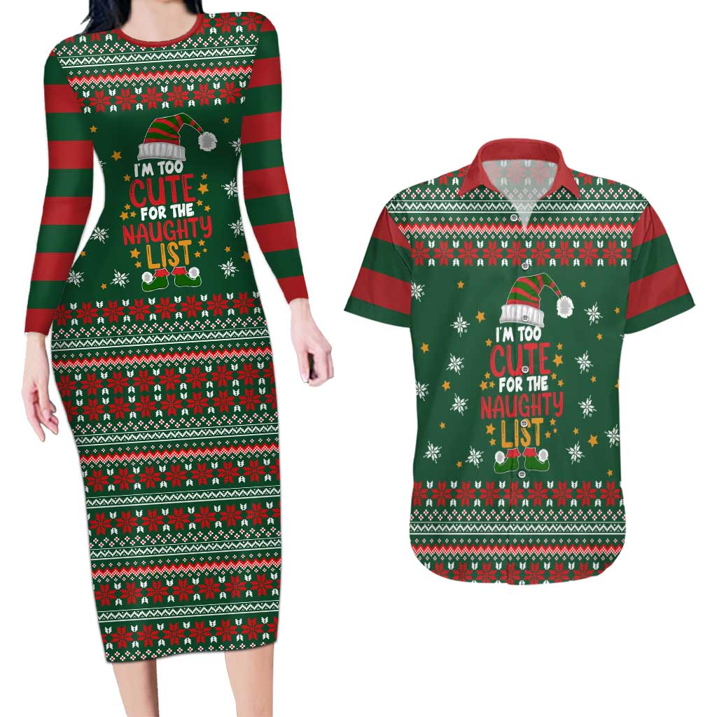 Too Cute For The Naughty List Christmas Couples Matching Long Sleeve Bodycon Dress and Hawaiian Shirt Xmas Holiday Patterns - Wonder Print Shop