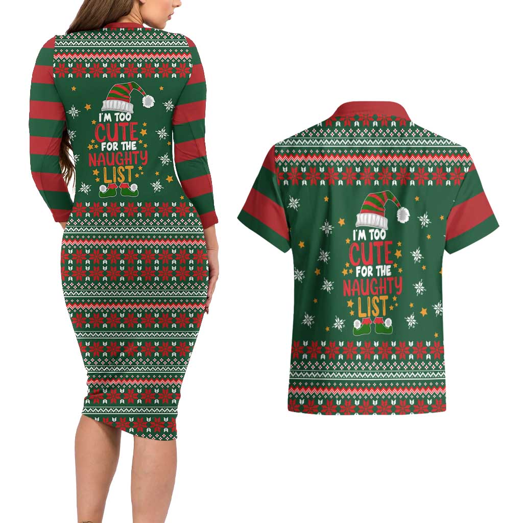Too Cute For The Naughty List Christmas Couples Matching Long Sleeve Bodycon Dress and Hawaiian Shirt Xmas Holiday Patterns - Wonder Print Shop