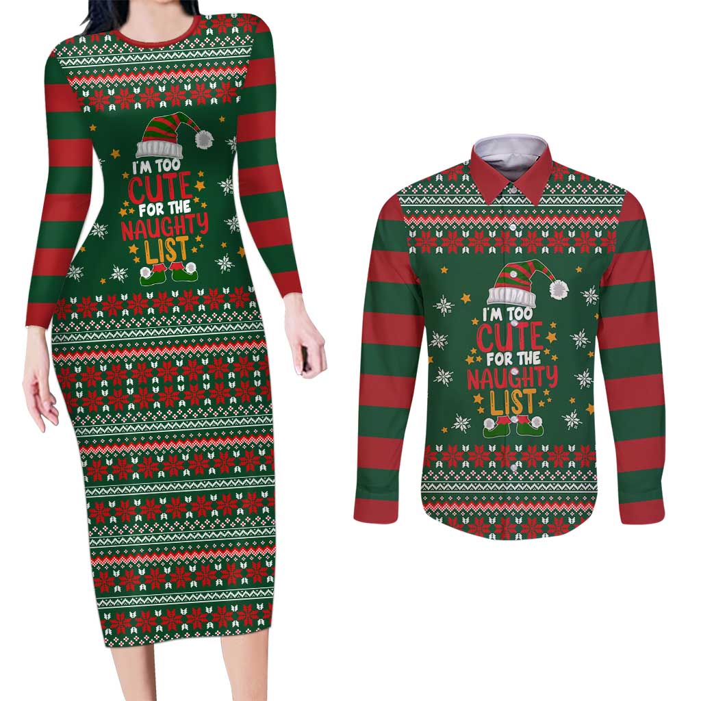 Too Cute For The Naughty List Christmas Couples Matching Long Sleeve Bodycon Dress and Long Sleeve Button Shirt Xmas Holiday Patterns - Wonder Print Shop