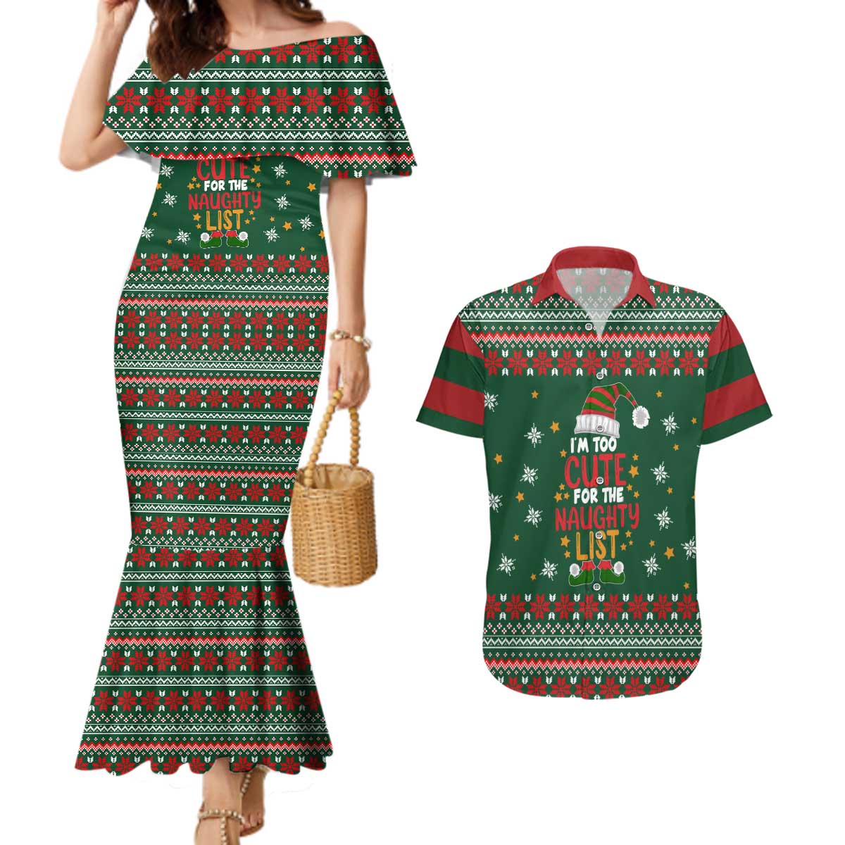 Too Cute For The Naughty List Christmas Couples Matching Mermaid Dress and Hawaiian Shirt Xmas Holiday Patterns - Wonder Print Shop