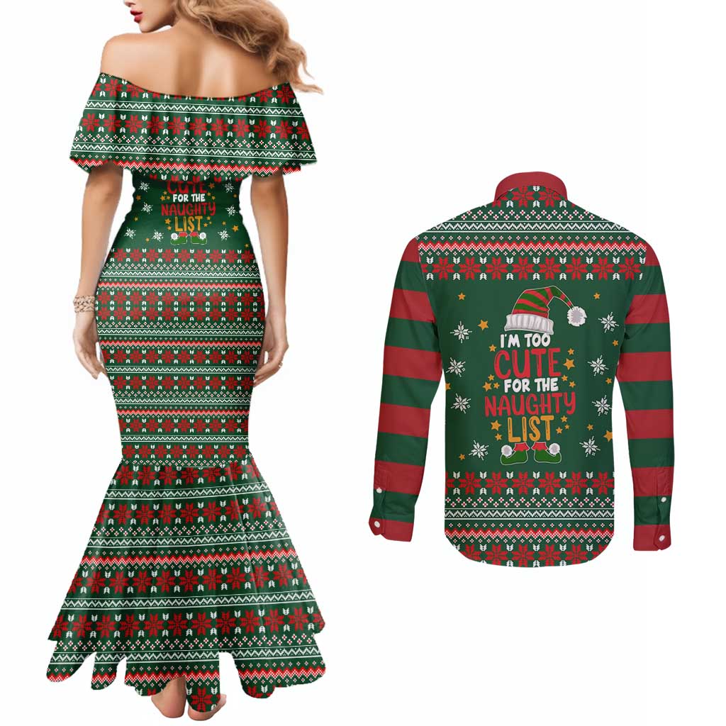 Too Cute For The Naughty List Christmas Couples Matching Mermaid Dress and Long Sleeve Button Shirt Xmas Holiday Patterns - Wonder Print Shop