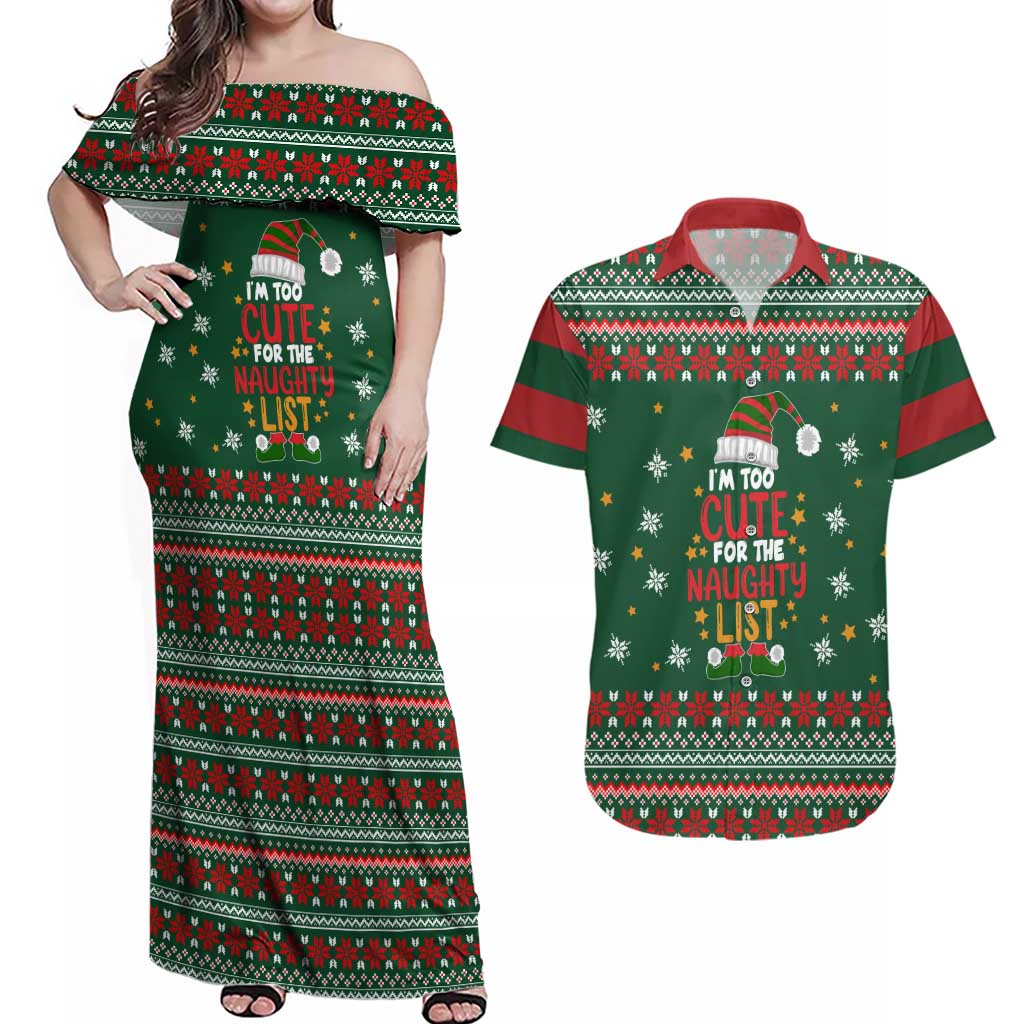 Too Cute For The Naughty List Christmas Couples Matching Off Shoulder Maxi Dress and Hawaiian Shirt Xmas Holiday Patterns - Wonder Print Shop