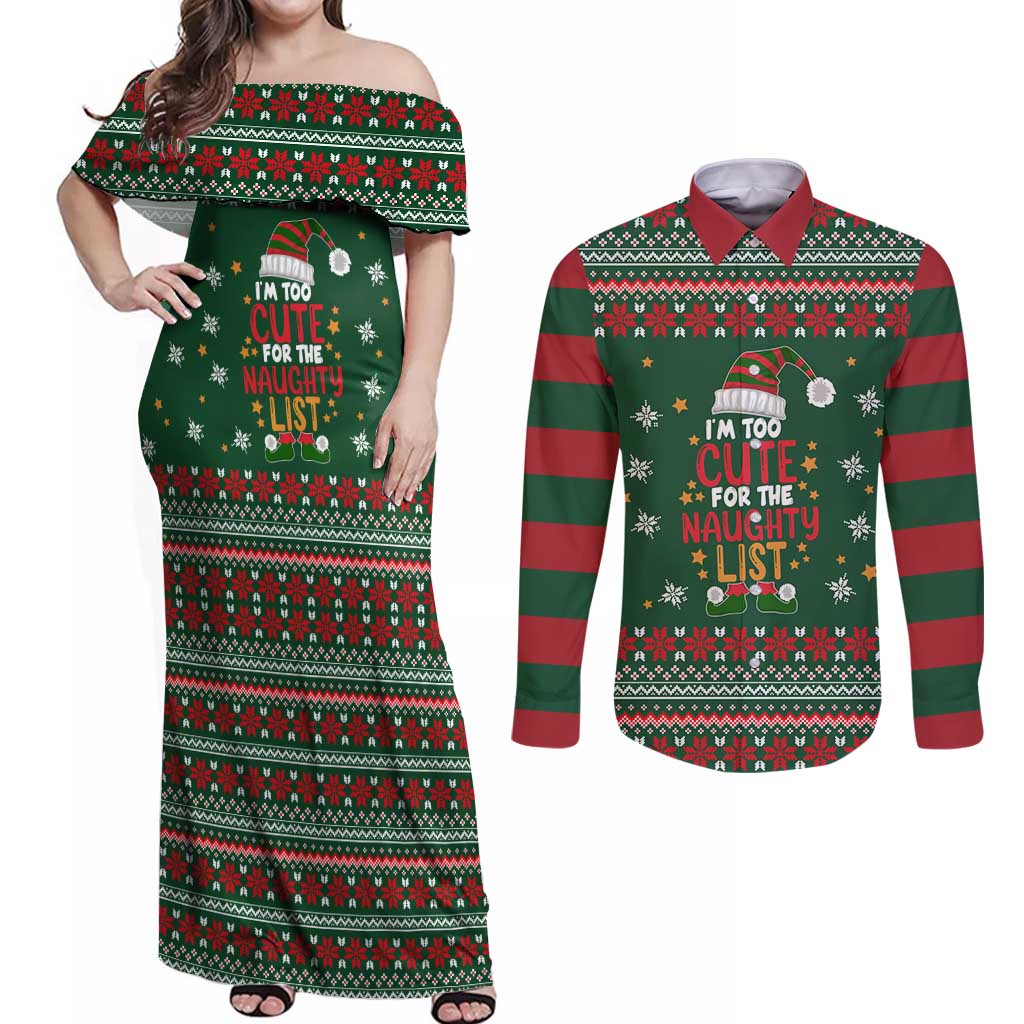 Too Cute For The Naughty List Christmas Couples Matching Off Shoulder Maxi Dress and Long Sleeve Button Shirt Xmas Holiday Patterns - Wonder Print Shop