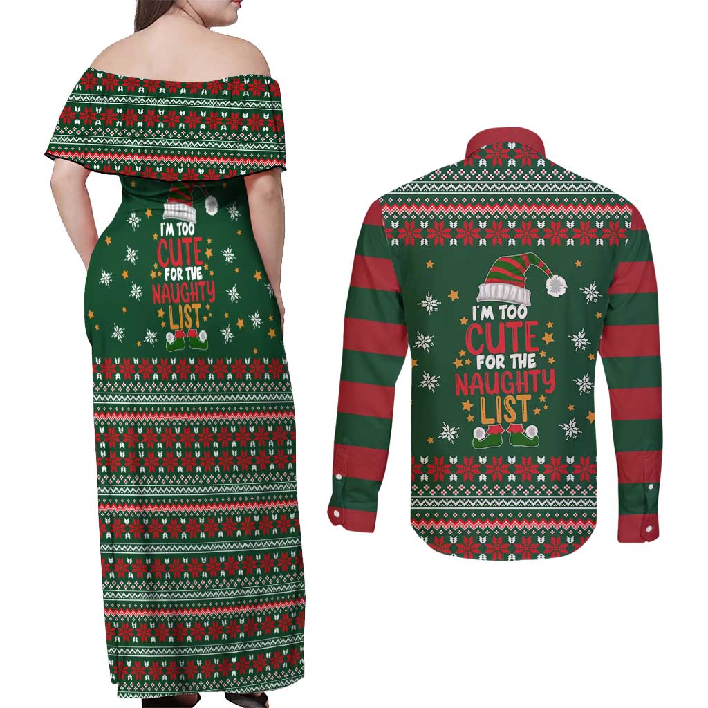 Too Cute For The Naughty List Christmas Couples Matching Off Shoulder Maxi Dress and Long Sleeve Button Shirt Xmas Holiday Patterns - Wonder Print Shop