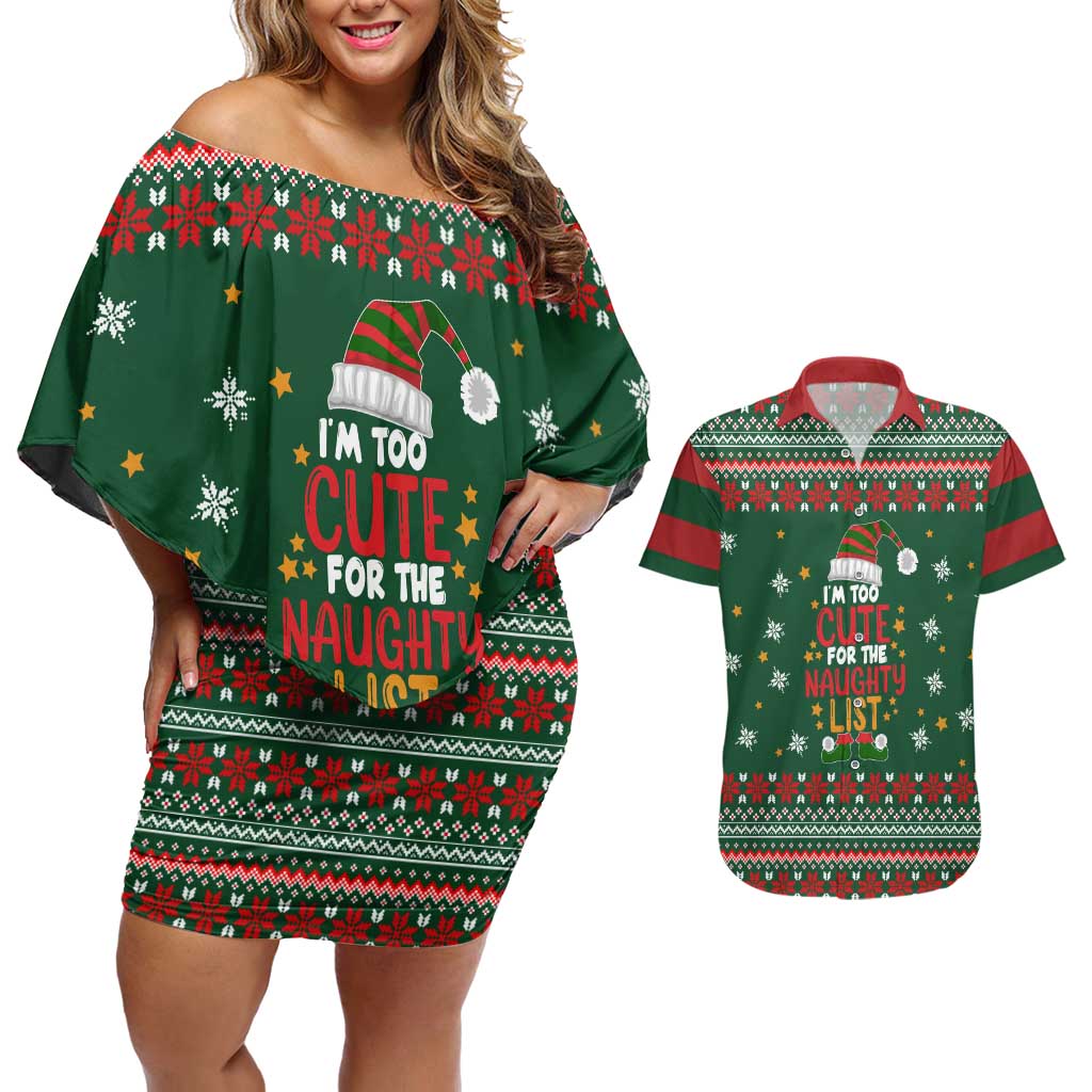 Too Cute For The Naughty List Christmas Couples Matching Off Shoulder Short Dress and Hawaiian Shirt Xmas Holiday Patterns - Wonder Print Shop