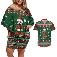 Too Cute For The Naughty List Christmas Couples Matching Off Shoulder Short Dress and Hawaiian Shirt Xmas Holiday Patterns - Wonder Print Shop