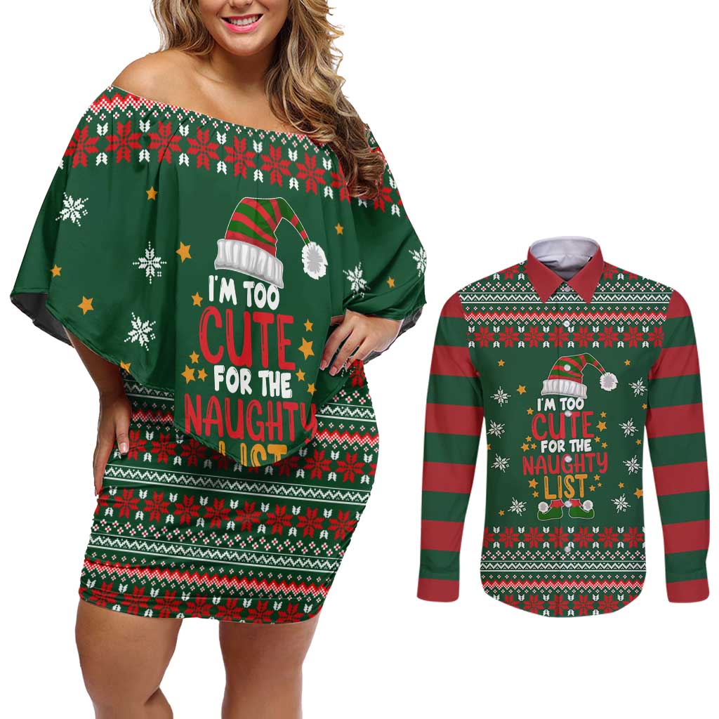 Too Cute For The Naughty List Christmas Couples Matching Off Shoulder Short Dress and Long Sleeve Button Shirt Xmas Holiday Patterns - Wonder Print Shop