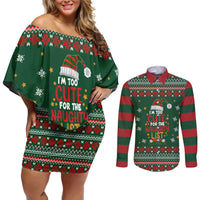 Too Cute For The Naughty List Christmas Couples Matching Off Shoulder Short Dress and Long Sleeve Button Shirt Xmas Holiday Patterns - Wonder Print Shop