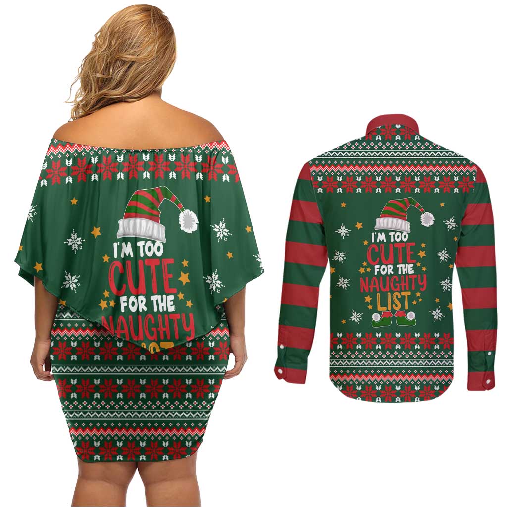 Too Cute For The Naughty List Christmas Couples Matching Off Shoulder Short Dress and Long Sleeve Button Shirt Xmas Holiday Patterns - Wonder Print Shop
