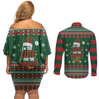 Too Cute For The Naughty List Christmas Couples Matching Off Shoulder Short Dress and Long Sleeve Button Shirt Xmas Holiday Patterns - Wonder Print Shop