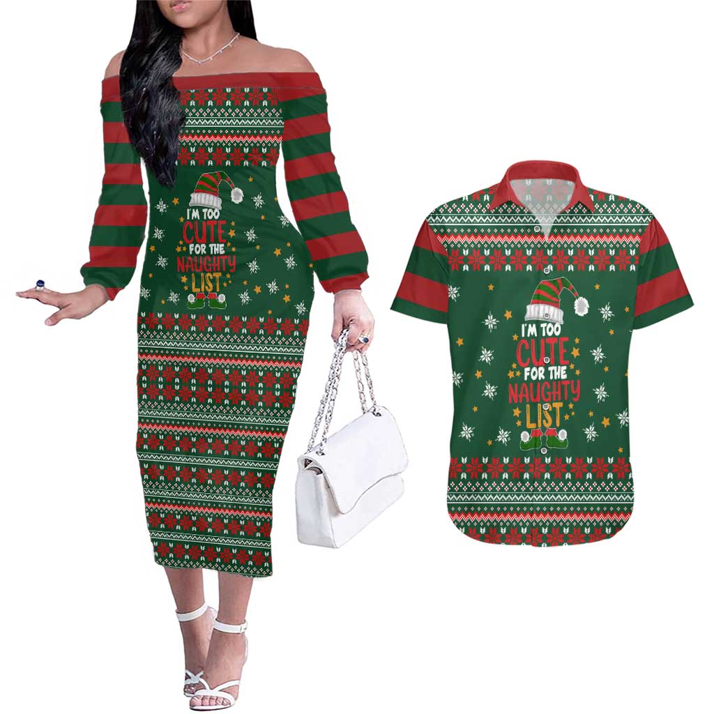 Too Cute For The Naughty List Christmas Couples Matching Off The Shoulder Long Sleeve Dress and Hawaiian Shirt Xmas Holiday Patterns - Wonder Print Shop