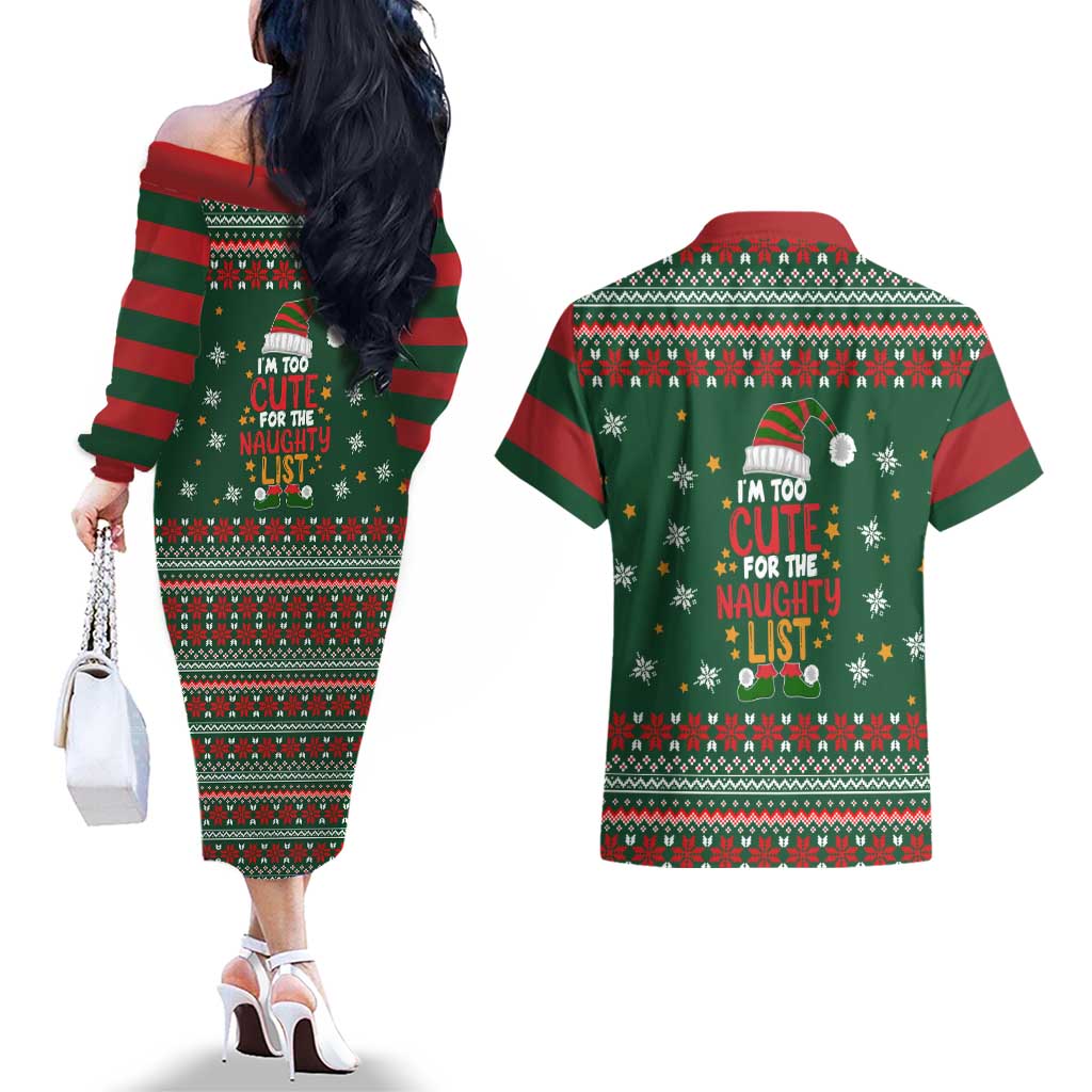 Too Cute For The Naughty List Christmas Couples Matching Off The Shoulder Long Sleeve Dress and Hawaiian Shirt Xmas Holiday Patterns - Wonder Print Shop