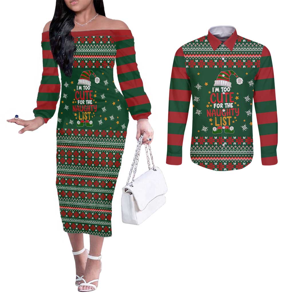 Too Cute For The Naughty List Christmas Couples Matching Off The Shoulder Long Sleeve Dress and Long Sleeve Button Shirt Xmas Holiday Patterns - Wonder Print Shop